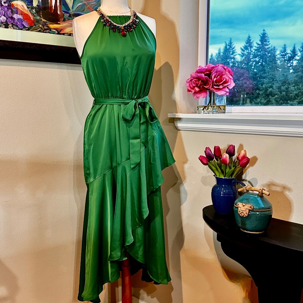 Emerald Green Silky Evening Dress w/ Draped Skirt & Sash - Small